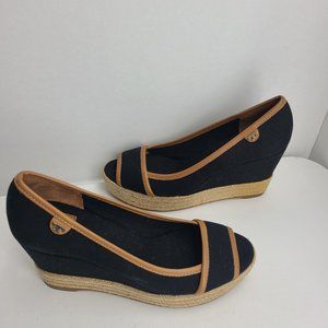 Tory Burch Women's Wedges Size 56 Black Canvas Tan Leather Trim